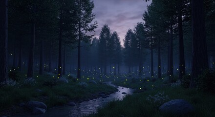 Obraz premium Forest scene with a stream, trees, fireflies illuminating dusk