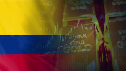 The Colombian flag, gold bars, and economic data charts illustrate business partnerships, trade, and investment. - Powered by Adobe