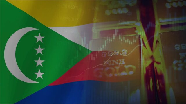 The Comoros flag, gold bars, and economic data charts illustrate business partnerships, trade, and investment.