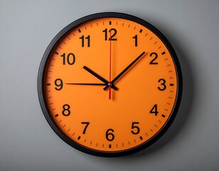 Modern round wall clock with orange face and black frame on gray wall
