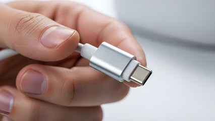 Close up shot of a person holding a shiny universal charging port connector.