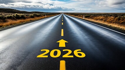 A long straight road with a yellow arrow pointing up to the year 2026 written in yellow on the asphalt surface leading to the horizon under a cloudy sky