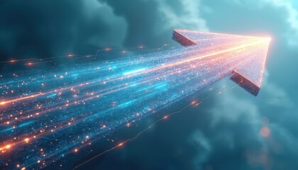 Abstract arrow moves fast forward through digital lights and clouds. Represents business growth, success, and futuristic tech. Conceptual image for finance and innovation.