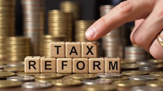 Wooden blocks spelling 'Tax Reform' on a background of coins.