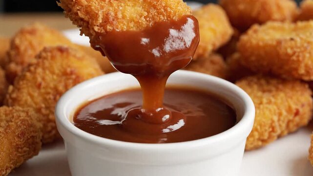 A hand dipping a crispy chicken nugget into brown sauce.