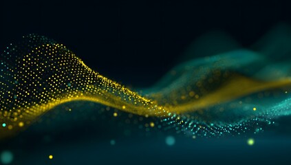 Abstract glowing wave of shimmering particles and ethereal smoke in deep blue and teal tones with golden highlights creating a futuristic and dynamic visual effect