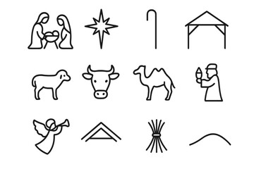 Nativity Icon Silhouettes. Christmas nativity scene silhouette. Line outline icon set of Christmas nativity