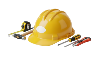 Construction hard hat and tools on black background
