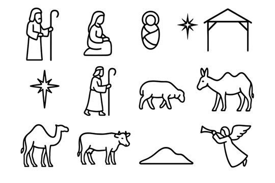 Nativity Silhouette Icons Grid. Christmas nativity scene silhouette. Line outline icon set of Christmas
