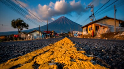 Close-up view of a yellow road marking on a paved road, leading to a village nestled at the foot of a volcano, under a partly cloudy sky.