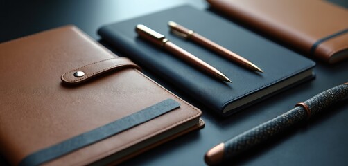 Luxury leather notebooks and pens lay on dark surface. Elegant writing tools and planners for business professionals. High-quality stationery for executive use. Organize tasks and meetings.