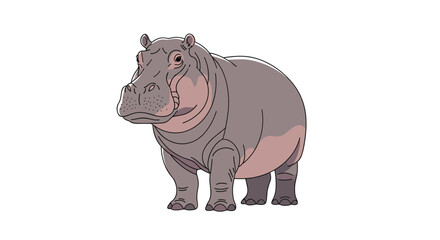 Obraz premium Simple and clean cartoon illustration of a large gray hippopotamus standing and looking forward on a plain white background.
