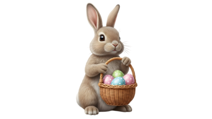Easter bunny holding a basket of colorful eggs
