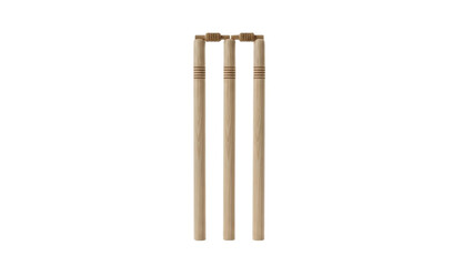 Set of three wooden cricket stumps with bails on top, wicket equipment isolated on white background, essential field gear for classic outdoor bat and ball game scoring and dismissals

