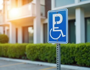 Blue handicap parking sign on metal pole. Accessible spot for disabled drivers in outdoor car park near building. Green bushes line paved lot.