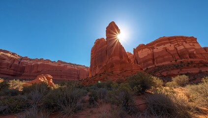 Sunburst Peak. A Desert Landscape with Striking Rock Formations and Clear Sky.