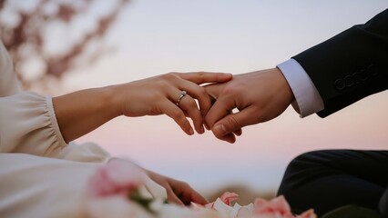 Close up of a bride and groom exchanging wedding rings during a ceremony.