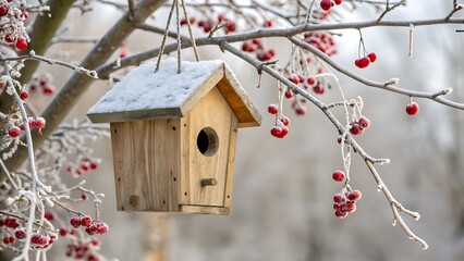 Winter birdhouse with snow and berries