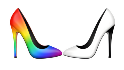Vibrant rainbow gradient pump and classic white high heel pump facing each other