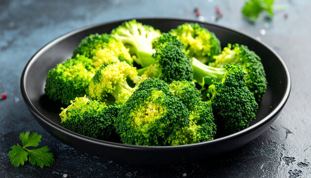 Fresh Broccoli Florets Arranged in a Black Bowl with Parsley Garnish Keywords: broccoli, florets, green, vegetable - Powered by Adobe