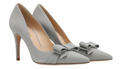 Pair of light grey leather stiletto pumps with decorative bows on white background