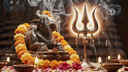 Trishul and Nandi Puja Background with Stone Nandi Statue Beside Glowing Trident