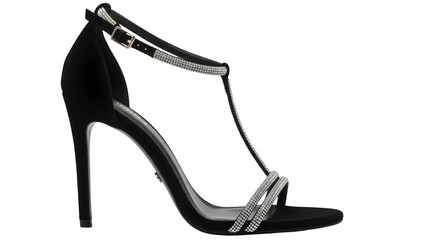Exquisite black stiletto sandals with thin t-strap rhinestone detailing for evening wear