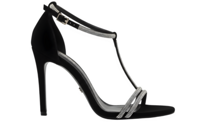 Exquisite black stiletto sandals with thin t-strap rhinestone detailing for evening wear