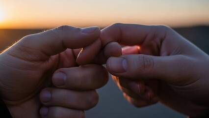Close up of two hands gently touching fingers at sunset.