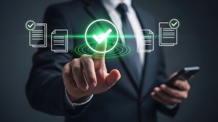 Obraz premium Businessman confirming successful digital document approval through futuristic interface