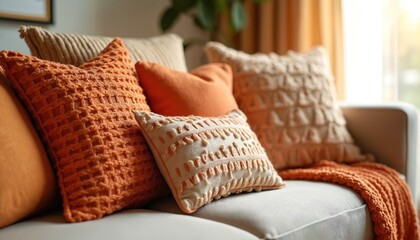 Group of textured throw pillows in orange and beige hues are arranged on neutral sofa. Cozy arrangement adds warmth and style to home interior decor. Soft furnishings create comfortable living space.