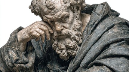 A contemplative stone statue portrays a thoughtful figure,  with detailed facial features and draped garment.