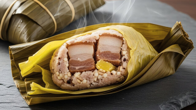 Freshly Steamed Cinavu Dumpling Partially Unwrapped on Rustic Paiwan Stone