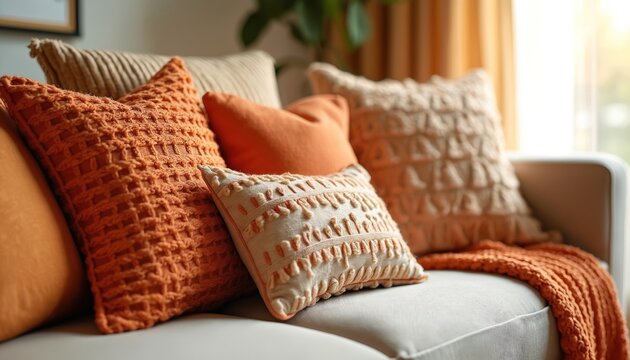 Group of textured throw pillows in orange and beige hues are arranged on neutral sofa. Cozy arrangement adds warmth and style to home interior decor. Soft furnishings create comfortable living space.