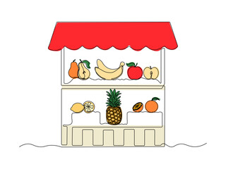 Abstract market shelf, counter with fruits, pear,banana,apple,lemon,pineapple,orange, continuous single one line art hand drawing sketch logo on white background