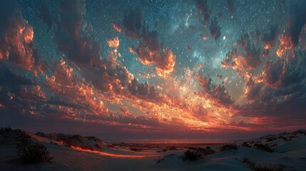 Detailed Description A breathtaking panorama of a desert landscape bathed in the fiery hues of a sunset. 