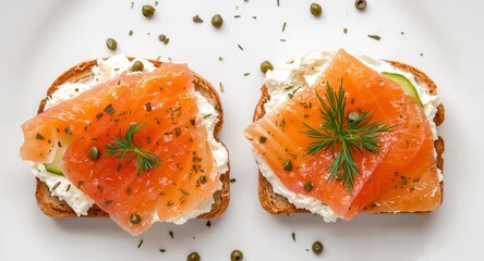 Two Toasts with Fish, Cream Cheese, and Greenery. A Culinary Composition on White