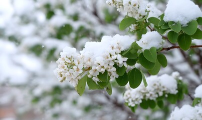 Fototapeta premium Green leaves and white flowers, snow-covered branches, many flowers. Green leaves