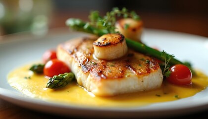 Grilled barramundi fillet with asparagus, cherry tomatoes, scallops, and yellow sauce on a white plate. Seafood dish ready for dining. Healthy, delicious, gourmet food presentation.