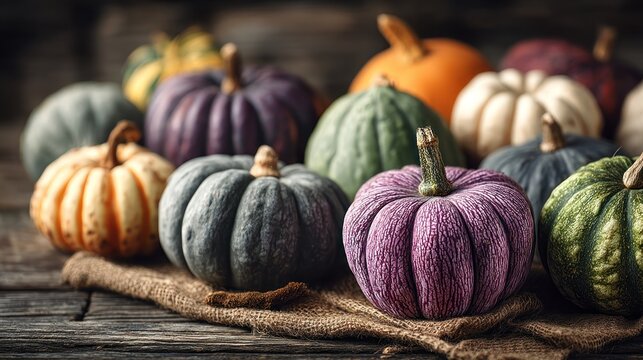A close-up view of various gourds and pumpkins in warm, autumnal tones, displaying a rich array of colors and textures on a rustic wooden surface. - Powered by Adobe