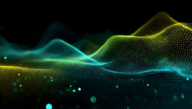 Abstract flowing digital waves of glowing particles in vibrant blue and green hues against a dark background creating a futuristic and technological atmosphere - Powered by Adobe