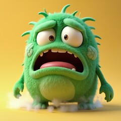Fototapeta premium Fluffy green monster puffs steam with worried expression. Small creature looks scared and anxious. Round character has big eyes, open mouth, and bumpy texture.