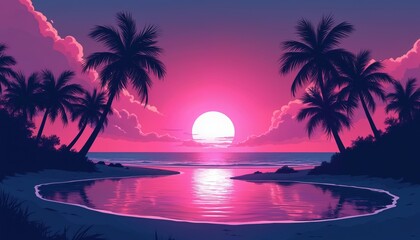 Neon sunset over tropical beach with palm trees. Pink and purple sky with clouds over calm ocean. Coastal lagoon reflects bright sun. Stylized retro vibe.