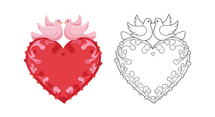 Love's Embrace: Two doves find solace atop a decorative heart in this image, exuding a message of affection, romance, and everlasting love through its symbolism. 