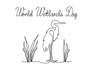 World Wetlands day.  Greeting card. Abstract Heron and reeds in the swamp, wetland, continuous single one line art hand drawing sketch logo on white background