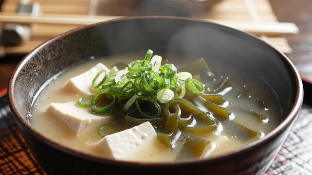 Close up of a japanese miso soup with tofu and seaweed