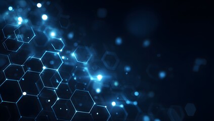 Abstract glowing hexagonal molecular structure with shimmering blue particles and bokeh effects on a dark background representing science and technology