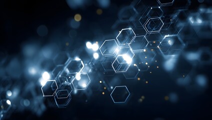 Abstract glowing hexagonal molecular structure with shimmering light effects and bokeh creating a futuristic technological or scientific background