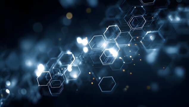 Abstract glowing hexagonal molecular structure with shimmering light effects and bokeh creating a futuristic technological or scientific background - Powered by Adobe