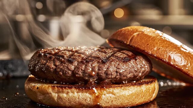 Steaming close-up shot of a freshly grilled beef patty nestled within an open sandwich bun showing visible heat and savory texture before assembly detail, grilled, lunch